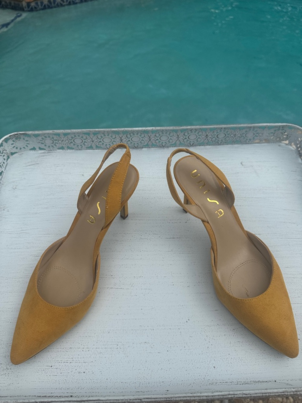 Unisa Mustard Yellow Suede Pointed Slingback Heels